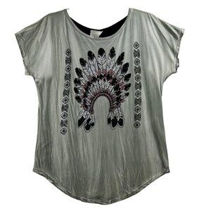Vocal California Women L Embellished Feather Graphic Tee Racerback Moto USA Made